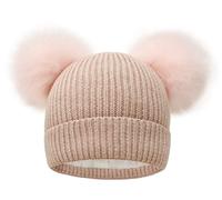 freesiom Bonnet Hiver 2 Pompons Chaud Bebe Enfant Garcon Fille Polaire Velours Laine Kawaii Beanie Coton Tricote Chapeau Cadeau Noel -0-4 Ans (Rose Pale)