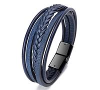 freesiom Bracelet Homme Cuir Tressé Fossil Acier Pierre Ajustable Multi-Couche Manchette Bijoux Fantaise Vintage Pas Cher Cadeau Anniversaire Fete Noel Bleu Noir