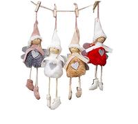 freesiom Kit de 4pcs Ornement Noel Décoration Suspendu pour Sapin Noël Traditionnel Original Mini Poupee Ange Coeur Pompon Tissu Kawaii Cadeau Décor Suspendre Porte Fenetre (Blanc Rouge Marron)