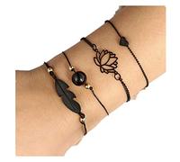 freesiom Kit de 5 Bracelet Femme Fantaisie Pierre Naturelle Perle Ananas Boule Cordon Bohème Chaine Reglable Tendance Bijoux Manchette Pas Cher Cadeau Anniversaire Noel (Noir)