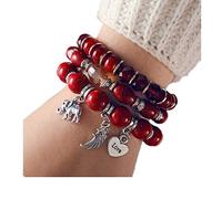 freesiom Lot de 3 Bracelet Boheme Femme Perle Pierre d'Energie Naturelle Pendentif Aile Elephant Coeur Cristal Boules Reglable Bijoux Fantaisie Retro Vintage Ethnique Pas Cher Cadeau Fête Rouge