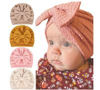 Freesiom Lot de 4 Turban Bonnet Bébé Fille Garcon Naissance Coton Hiver Chuad Doux Chapeaux Bandeau Cheveux Noeud Elastique Serre Tête Accessoires Nouveau Né Baptême Cadeau Noël-0-12 mois