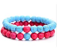 Freesom Lot de 2 Bracelet Distance Couple Amoureux pour 2 Aimant Perles Pierre Homme Femme Boules Elastique Bijoux Fantaisie Cadeau Anniversaire Noël Pas Cher (Bleu Rouge)