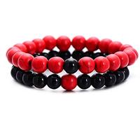 Freesom Lot de 2 Bracelet Distance Couple Amoureux pour 2 Aimant Perles Pierre Homme Femme Boules Elastique Bijoux Fantaisie Cadeau Anniversaire Noël Pas Cher (Rouge Noir)