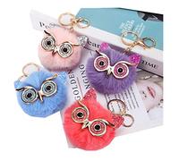 Freesom Lot de 4 Porte Clé Clef Femme Pompon Poil Homme Enfant Pendentif Hibou Kawaii Peluche Artificiel Or Original Chic Fantaisie Accessoire de Sac Décoration Voiture Cadeau Pas Cher Bleu