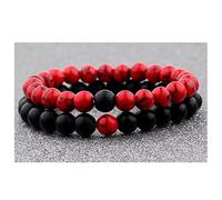 Freessom Bracelet Couple Amoureux pour 2 Connecte Perle Pierre d'Energie Naturelle Boules Couleur Mat Elastique Original Bijoux Fantaisie Fete Saint-Valentin Noire Rouge