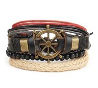 Freessom Bracelet Homme Cuir Tressé Ancre Boules Ajustable Retro Couleur Multi-Couche Fin A La Mode Manchette Bijoux Fantaise Vintage Pas Cher pour Anniversaire Fete des Peres (Marron et Blanc)