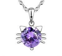 Freessom Femme Collier à Pendentif Chat Mignon Kawaii Argent 925 Pierre Cristal Diamante a La Mode Fantaisie Elegant Pas Cher (Violet)