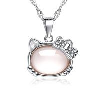 Freessom Femme Collier à Pendentif Enfant Fille Chat Animaux Mignon Kawaii Argent 925 Pierre Cristal de Roche Rose Naturel Diamante Fin Fantaisie Pas Cher (Chat Rose)