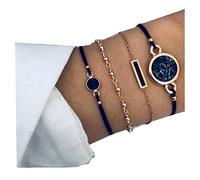 Freessom Lot de 4 Bracelet Femme Fantaisie Marbre Pierre Rond Barre Chaine Triangle Retro Reglable Boheme Original Vintage Pas Cher Cadeau (Noir)