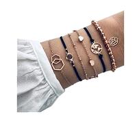 Freessom Lot de 6 Bracelet Femme Fantaisie Lotus Fleur Coeur Lune Chaine Triangle Retro Reglable Boheme Original Vintage Pas Cher Cadeau Noir Or