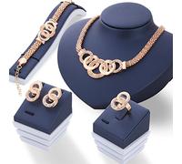 Freessom Parure Bijoux Femme Fantaisie Kit 4 Boucle d'Oreille Bracelet Bague Collier Gros Ras de Cou Vintage Diamant Cristal Strass Mariée Luxueux Bijoux Ensemble Cadeau Robe Soiree Fete Mariage Or