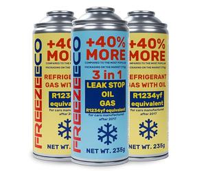 FREEZECO 3 en 1 + 2 x 2 en 1 - R1234yf - 2 boîtes de rechange de réfrigérant avec huile de remplissage de climatisation pour véhicules après 2016 - 235 g