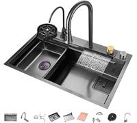 Fregadero de Bar à Bol Unique en Acier Inoxydable Noir à Cascade avec Robinet Téléscopique - Ensemble d’Accessoires Complet Inclus, Fregadero Utilitaire Multifonctionnel 3 en 1 Lavage/Égouttage/Coupe