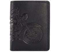 Fregery Portefeuille en cuir pour homme avec protection RFID avec compartiment à monnaie et gaufrage en cuir véritable (marron, format portrait, moto, Harley Davidson), Noir , Hochformat schwarz