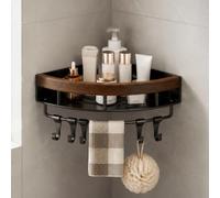 Frekibaz Etagere Douche Sans Percage d'Angle Douche Métal Avec 5 Crochets | Rangement en aluminium,finition bois,pour les salles de bains,les cuisines et les pièces à vivre