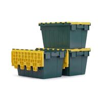 FRENAL Lot de 3 Bacs Navette 600×400×355 mm avec Couvercle, 70 L Vert Jaune | Bac Plastique Norme Europe HDPP, Couvercle Solidaire, Gerbable et Emboîtable pour Stockage, Transport et Logistique