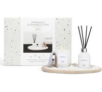 French Connection Coffret cadeau de parfum d'intérieur | Bougie parfumée et diffuseur de roseaux avec plaque en bois et galets | Ensemble d'aromathérapie de luxe | (vanille)