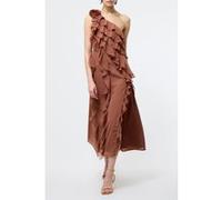 French Connection Oskar Georgette Ruffle Midi Mocha Taille: 8 | Robes Outlet | Femme