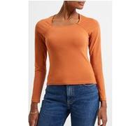 French Connection Rallie Cot Elas Ls Sq Nk Tee Brown Taille: XS | Manches longues Outlet | Femme | Marron