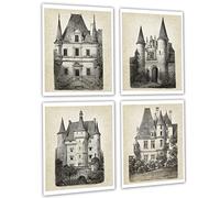 French Country Decor Fairytale Chateau Architecture Art Lot de 4 impressions sans cadre