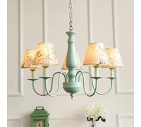 French Country Farmhouse Dining Chandelier Fabric Shade Rustic Green Ceiling Pendant Light Nordic Hanging Lamp for Bedroom Kitchen Island Living Room Foyer