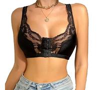 French Lace Front Button Bra, Plus Size Unpadded Front Closure Lace Wirefree Everyday Bra (Black,Small)