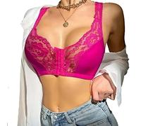 French Lace Front Button Bra, Plus Size Unpadded Front Closure Lace Wirefree Everyday Bra (Purple,Medium)