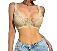 French Lace Front Button Bra, Plus Size Unpadded Front Closure Lace Wirefree Everyday Bra (Skin,Medium)