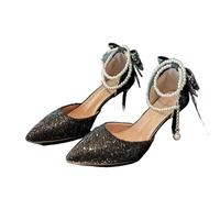 French Pointy Shallow Mouth Temperament Elegant Sequin Bow High Heels Women's Fine Heel Pearl Line with A Single Shoe(Black7cm,37)