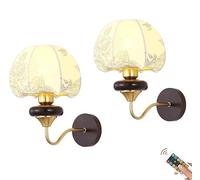 French Retro Battery Operated Wall Lights Rechargeable, Wireless Dimmable Battery Powered Wall Sconces, Not Hardwired Rubber Wood Wall Lamp with Pattern Globe Shade, for Bedroom Living Room Hallw(B)