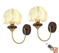 French Retro Battery Operated Wall Lights Rechargeable, Wireless Dimmable Battery Powered Wall Sconces, Not Hardwired Rubber Wood Wall Lamp with Pattern Globe Shade, for Bedroom Living Room Hallw(A)