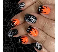French Sparkling Press On Tips Halloween Black Cobweb Design Short Square Manucure Tips 24pcs Pas Besoin D'outils Halloween Press On Nail