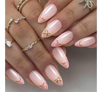 French Styles Faux ongles élégants en forme d'amande avec nœuds délicats - Bordure dorée - Pour mariage, fête, événement spécial - Faux ongles élégants pour femme