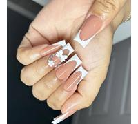 French Styles Lot de 24 faux ongles à coller sur les ongles blancs avec nœuds blancs pour femme pour tous les jours et occasions spéciales