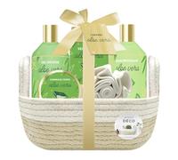 French Tendance - Coffret Bain Aloe Vera - Gel Douche 250 ml, Bain Moussant, Gommage, Sels de Bain - Cadeau Femme Beauté, Soin Corps, Bien Etre - Kit Cocooning Panier Bicolore Aloe Vera