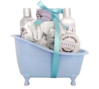 French Tendance - Coffret Bain Coton - Gel Douche 210ml, Lait Corps 210ml, Beurre Corporel, Savon, Sels de Bain 100g Fleur de Massage - Cadeau Femme - Kit Cocooning Baignoire Vintage