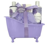 French Tendance - Coffret Bain Lilas - Gel Douche 300ml, Lait Corps 300ml, Sels de Bain 100g, Fleur de Massage - Cadeau Femme Beauté, Soin Corps - Kit Cocooning Baignoire Vintage Lilas
