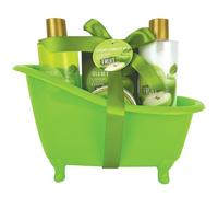 French Tendance - Coffret Bain Pomme Poire - Gel Douche 260ml, Lait Corps 260ml, Beurre Corporel, Sels de Bain 50g, Fleur de Massage - Cadeau Femme Beauté, Soin Corps - Kit Cocooning Baignoire Vintage