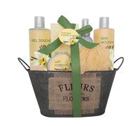 French Tendance - Coffret Bain Vanille - Gel Douche 210ml, Bain Moussant 90 ml, Gommage, Savon, Fleur de Massage - Cadeau Femme Beauté, Soin Corps - Kit Cocooning Baignoire Vintage Vanille