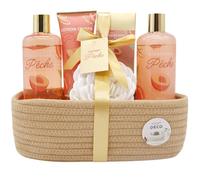 French Tendance - Coffret Soin Pêche - Shampooing 300ml, Gel Douche, Lotion Corps, Sels de Bain - Cadeau Femme Beauté, Soin Corps, Bien Etre - Kit Cocooning Panier Pêche