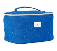 French Tendance - Vanity de Voyage Femme - Nécessaire de Toilette et Maquillage - Tissu Gaze de Coton - Coloris Bleu Pois Dorés - Dimensions 26 x 20 x 18 cm