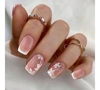 French Tip - Faux ongles carrés à presser avec motif floral - Couvrance complète - Faux ongles pour printemps