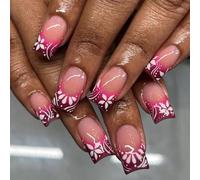 French Tip Hoofs Rose Rose Blossomy Plan Permanent ABS Substance Application Facile Courant Continu Porter Incidents De Fête Utilisation Quotidienne Court Carré Faux Ongles Fleurs Appuyez Sur