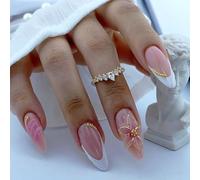 French Tip Manucure Fait à la Main Rose Nude Ensemble Fleur Détail Or Perle Accent Onglets Adhésifs 24 Pièces Multi Taille Ajustement Quotidienne Wearable Beauté Option