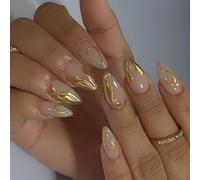 French Tip Press On Nails False Amond Glossy Artificiel Avec Des Conceptions De Lignes Métalliques Irrégulières Manucure 24pcs Gold Line Nail Designs