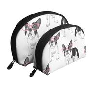Frenchie Noir Dessin Animé Bouledogue Français Lunettes Roses Chien Blanc, Trousse de Maquillage Coquille Femme Petit Porte-Monnaie Trousse de Toilette Trousse à cosmétiques 2 pièces