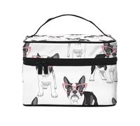 Frenchie Noir Dessin Animé Bouledogue Français Lunettes Roses Chien Blanc, Trousse de Maquillage Trousse à cosmétiques Trousse de Toilette de Voyage Portable Trousse à Crayons