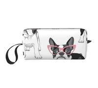 Frenchie Noir Dessin Animé Bouledogue Français Lunettes Roses Chien Blanc, Trousse de Maquillage Trousse à cosmétiques Trousse de Toilette de Voyage Portable Pochette de Maquillage