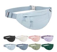 Frenou Grand sac banane avec 4 poches à fermeture éclair - Sac banane pour homme et femme - Sac banane avec sangle réglable pour voyage, course à pied, randonnée, marche, entraînement - Bleu clair